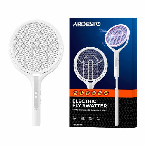 Електричний знищувач комах ARDESTO, сітка 2800 В, акум. 1800 мА•год, USB-С > USB-A, телескопічна ручка, білий