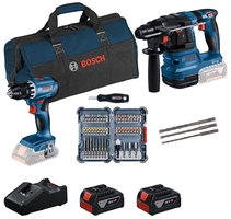 Набір акумуляторних інструментів Bosch Professional 18В дриль-шурупокрут GSR 18V-45, перфоратор GBH 18V-22, набір біт і бурів, акб 2x4А·год, ЗП, сумка