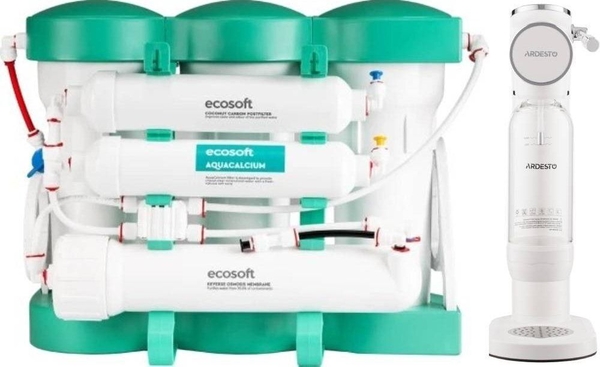 Ecosoft Комплект фільтру зворотного осмосу P’URE AQUACALCIUM Mint з сифоном для газування води ARDESTO, білий