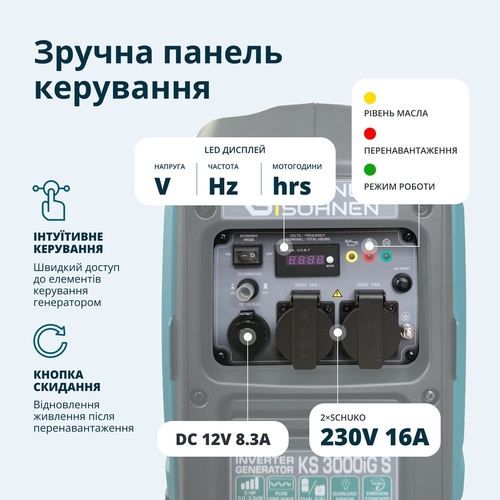 Генератор газобензиновий інверторний Konner&Sohnen KS 3000iG S, 230В, 3.0-3.3кВт, ручний стартер, 22.5кг