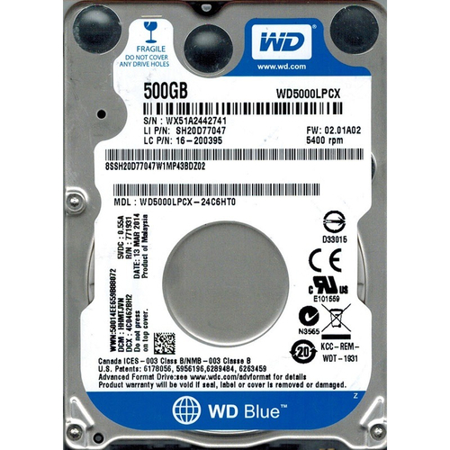 Накопитель HDD 2.5" SATA  500GB WD Blue 5400rpm 16MB (WD5000LPCX)